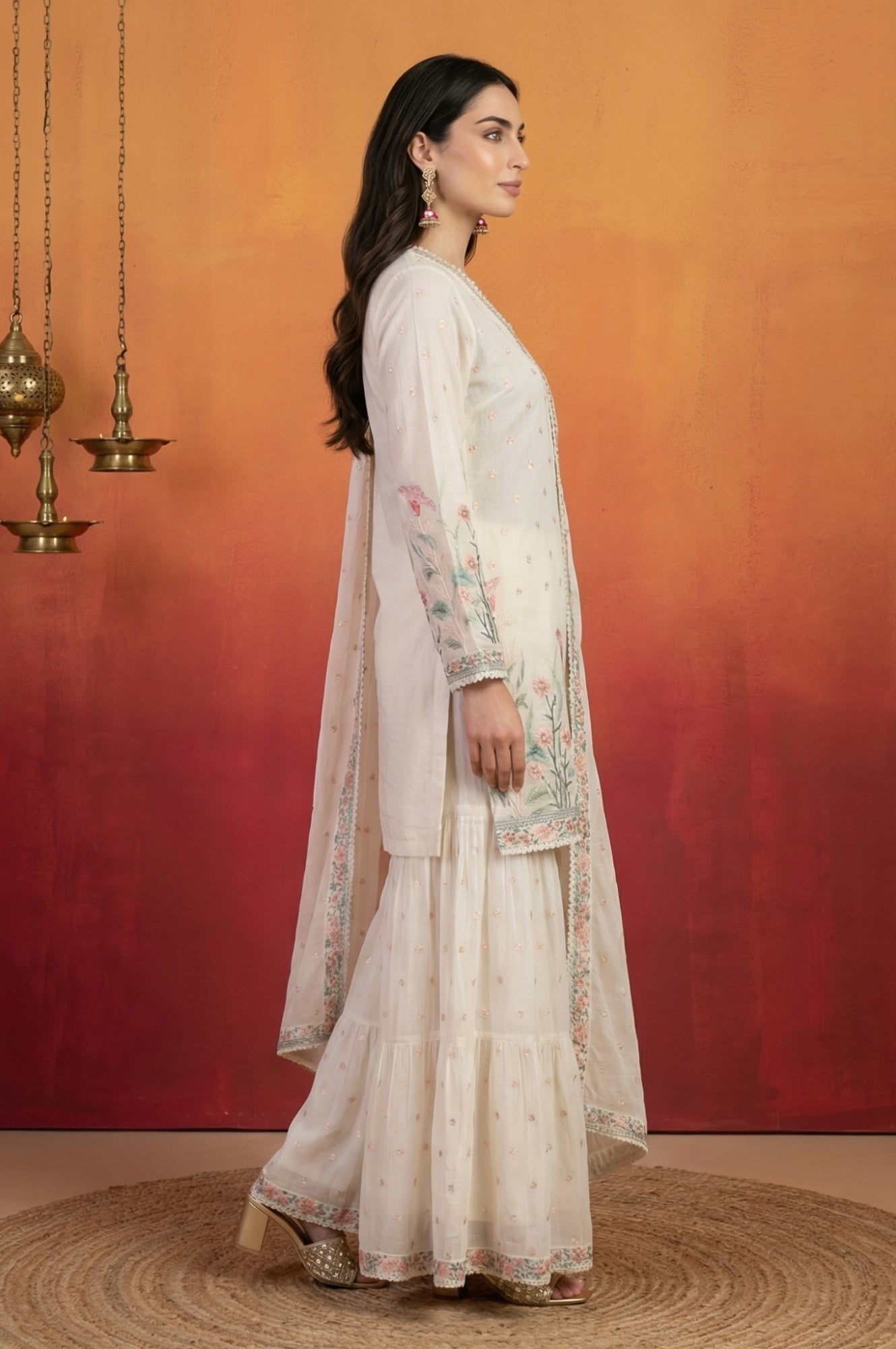 Off White Thread Embroidered Chanderi Straight Kurta sharara set for women