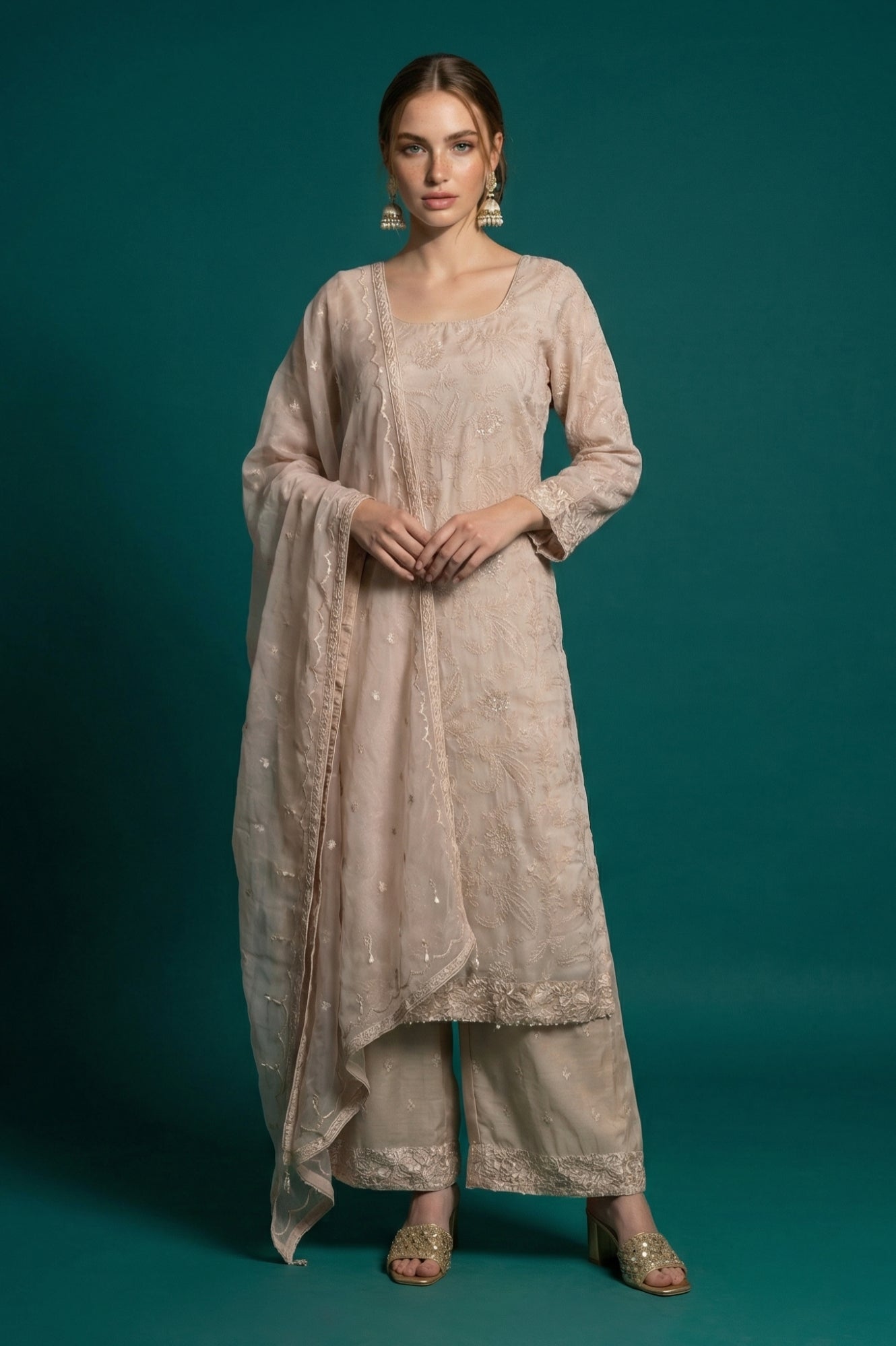 Beige Embroidered Organza Straight Kurta with Parallel Pants and Dupatta Set