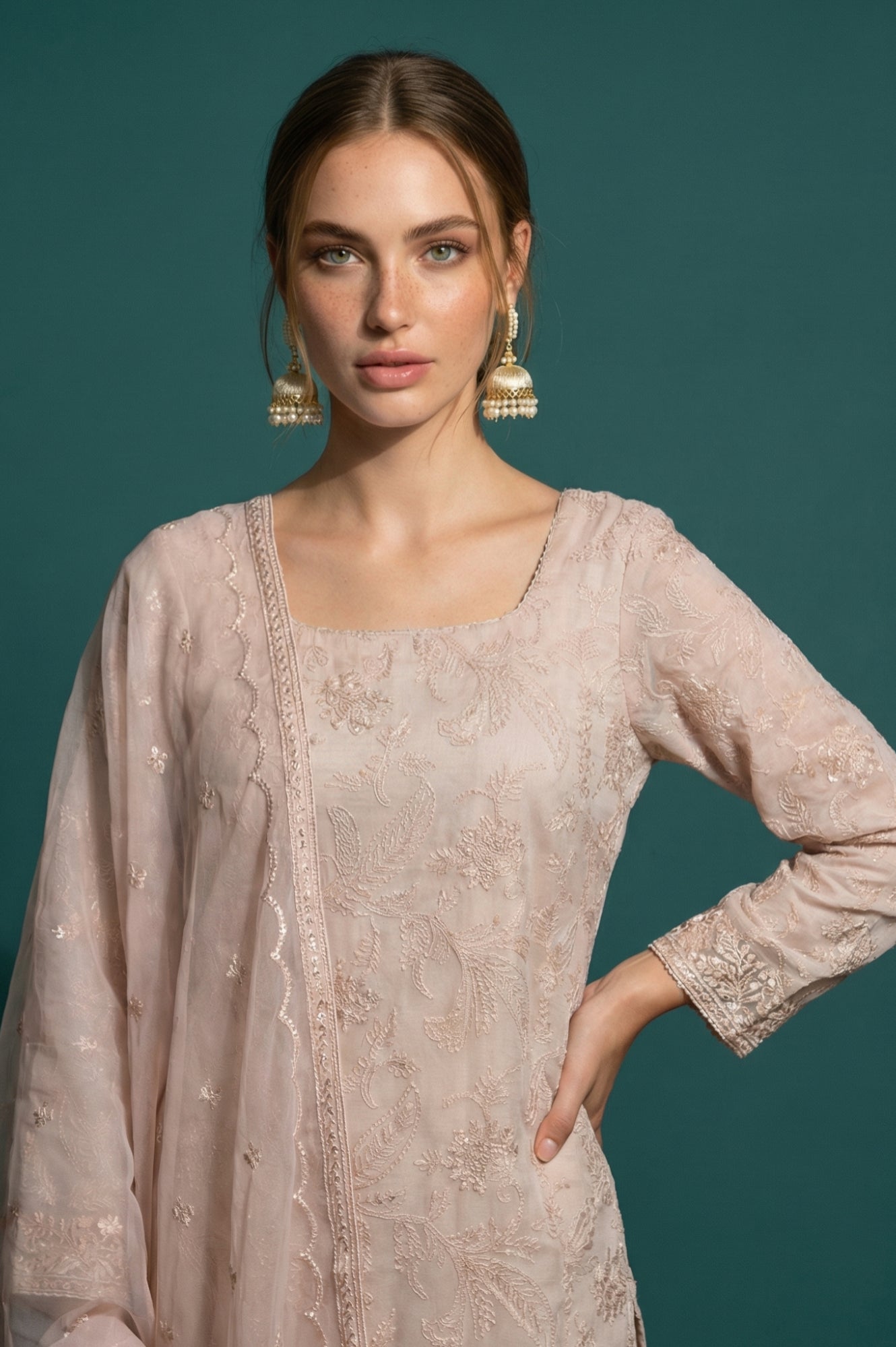 Beige Embroidered Organza Straight Kurta with Parallel Pants and Dupatta Set