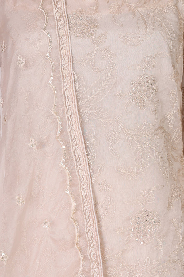 Beige Embroidered Organza Straight Kurta with Parallel Pants and Dupatta Set