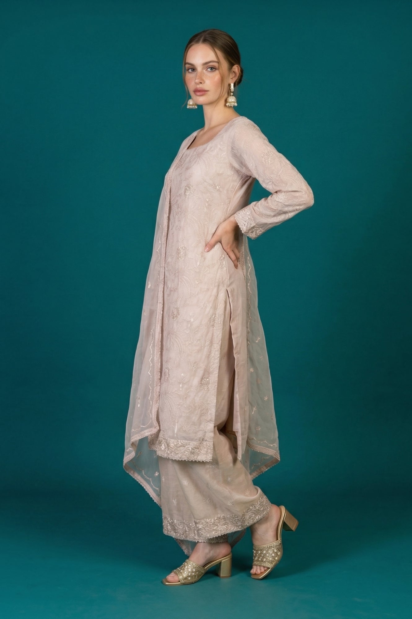 Beige Embroidered Organza Straight Kurta with Parallel Pants and Dupatta Set