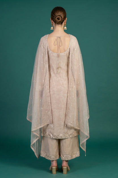 Beige Embroidered Organza Straight Kurta with Parallel Pants and Dupatta Set