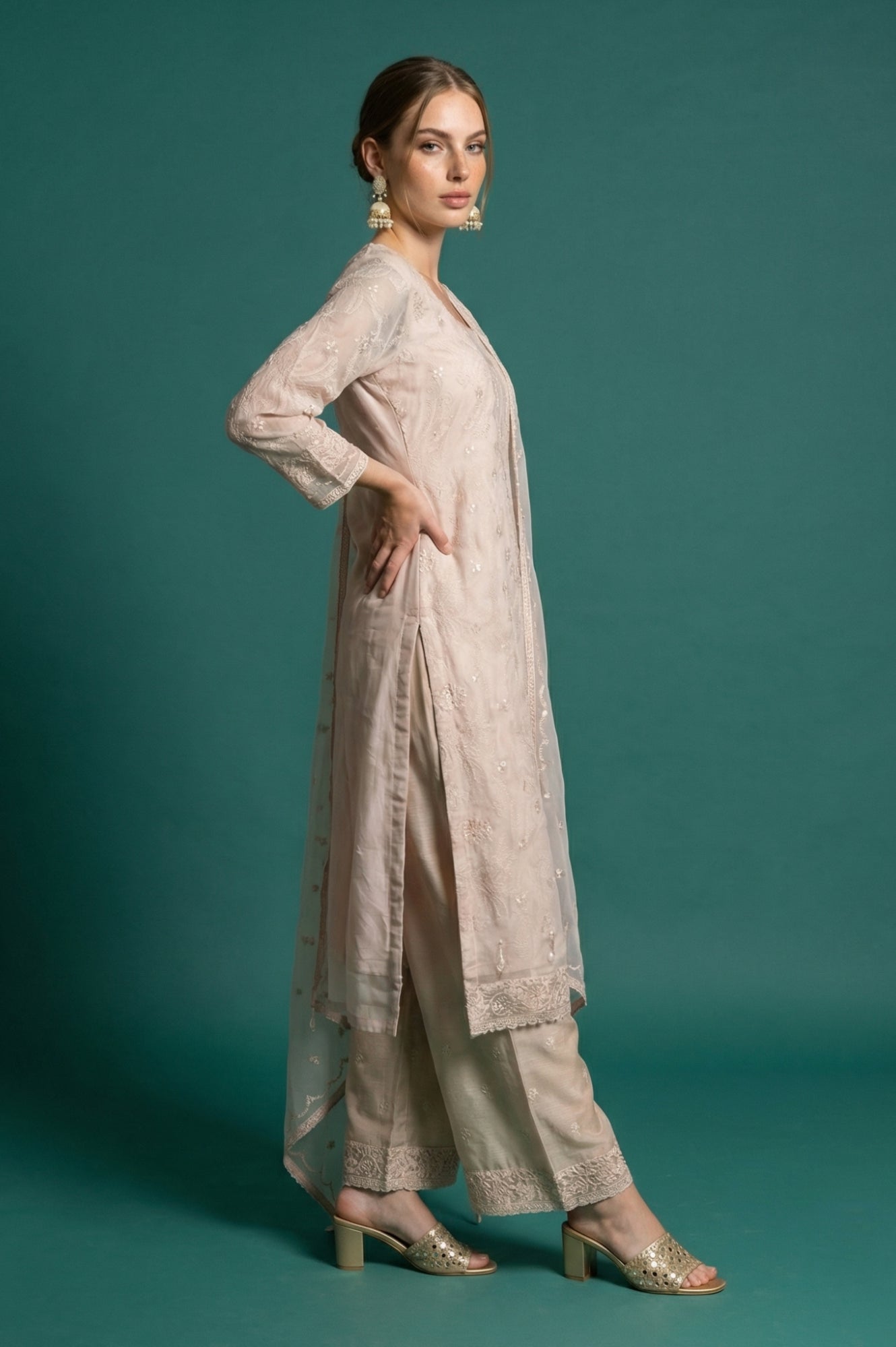 Beige Embroidered Organza Straight Kurta with Parallel Pants and Dupatta Set