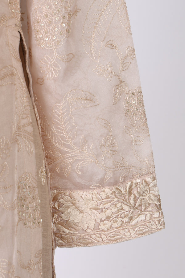 Beige Embroidered Organza Straight Kurta with Parallel Pants and Dupatta Set