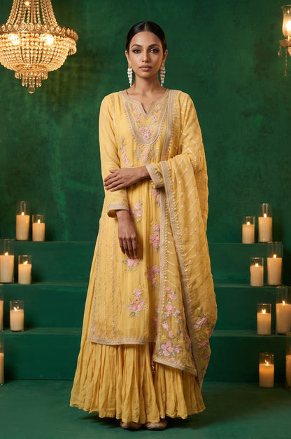 Wishful Yellow Thread Embroidered Chiffon Straight Kurta with Churidar and Dupatta Set