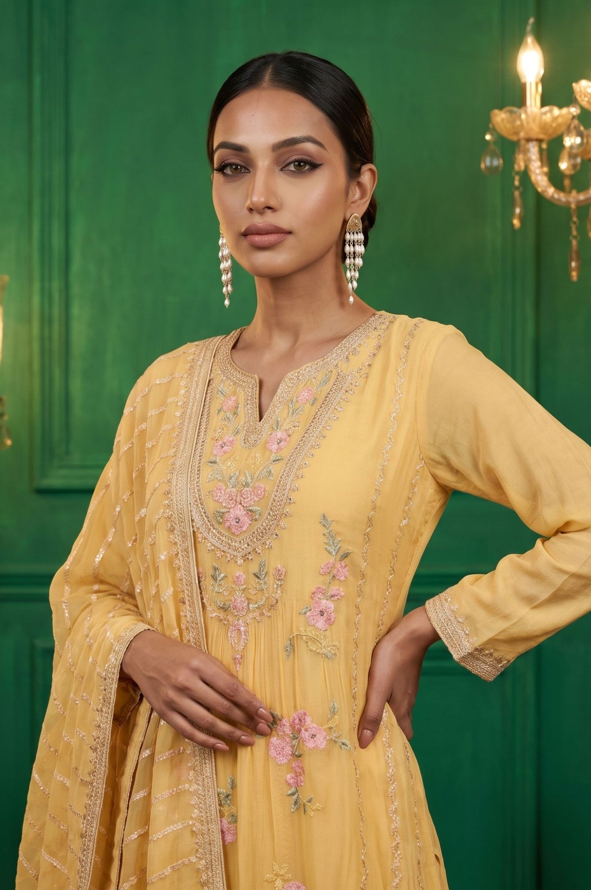 Wishful Yellow Thread Embroidered Chiffon Straight Kurta with Churidar and Dupatta Set
