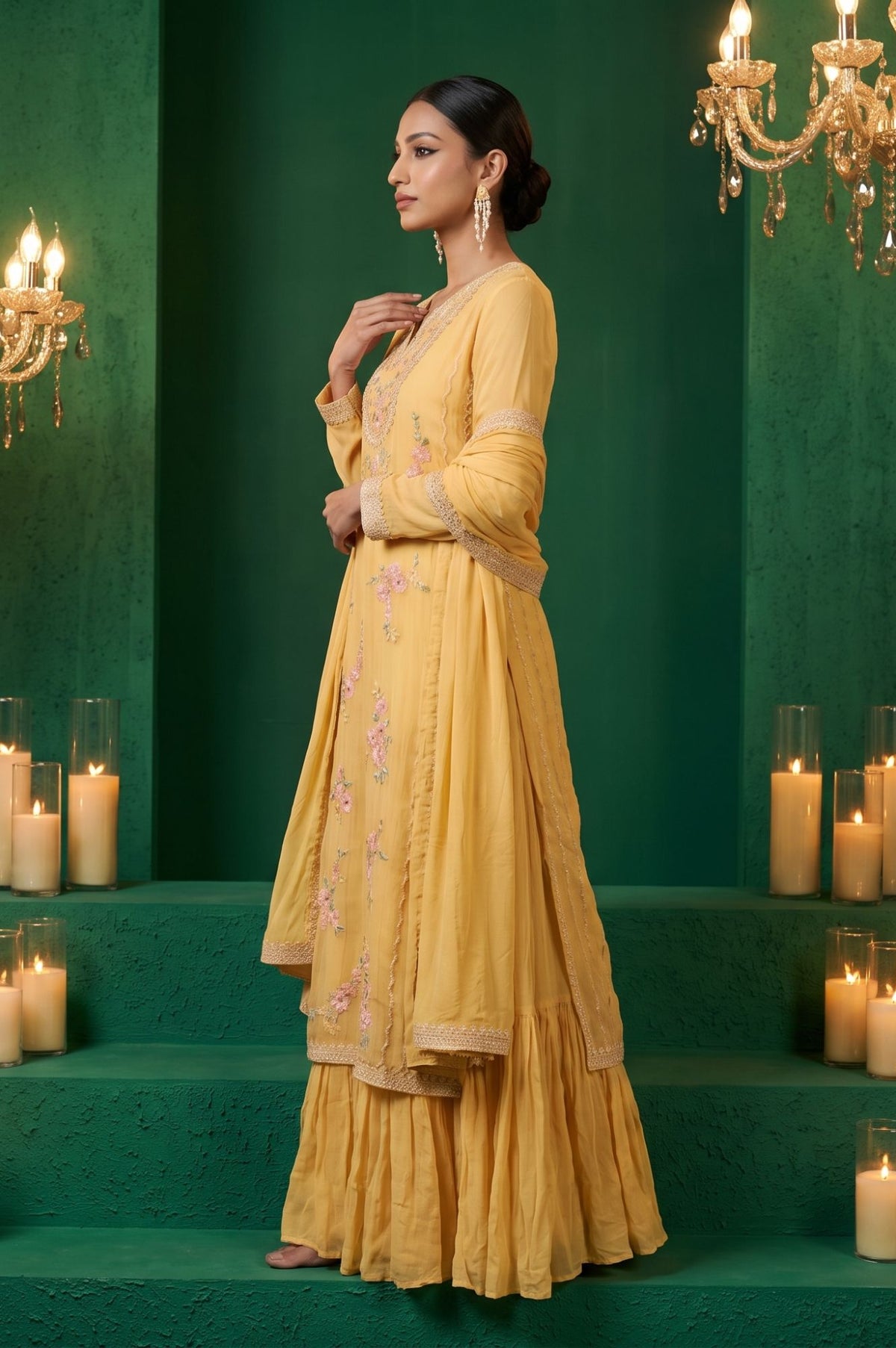 Wishful Yellow Thread Embroidered Chiffon Straight Kurta with Churidar and Dupatta Set
