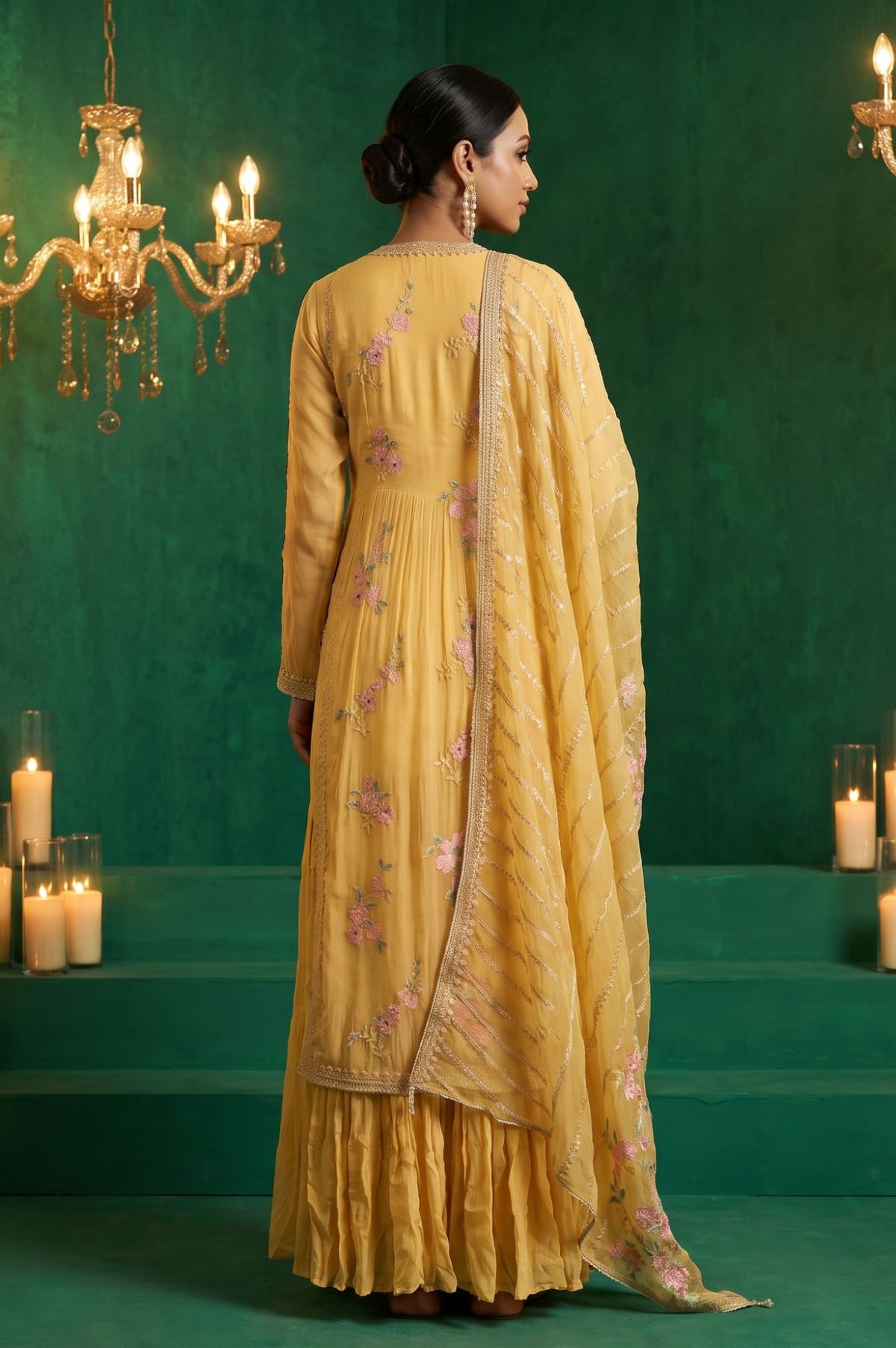 Wishful Yellow Thread Embroidered Chiffon Straight Kurta with Churidar and Dupatta Set