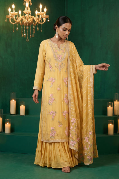 Wishful Yellow Thread Embroidered Chiffon Straight Kurta with Churidar and Dupatta Set