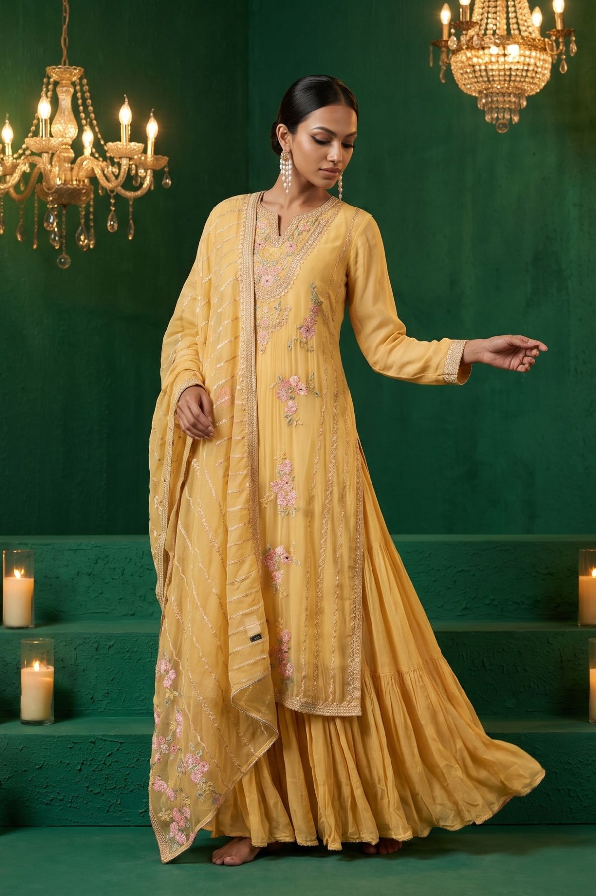 Wishful Yellow Thread Embroidered Chiffon Straight Kurta with Churidar and Dupatta Set