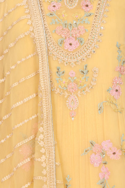 Wishful Yellow Thread Embroidered Chiffon Straight Kurta with Churidar and Dupatta Set