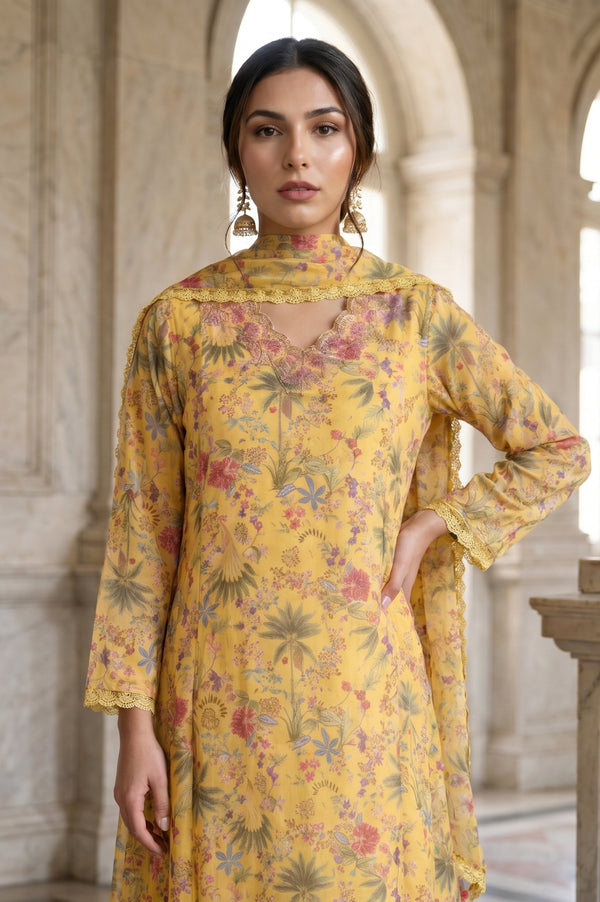Yellow Floral Printed Organza Flared Kurta with Pants and Dupatta Set