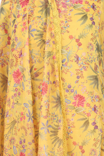 Yellow Floral Printed Organza Flared Kurta with Pants and Dupatta Set