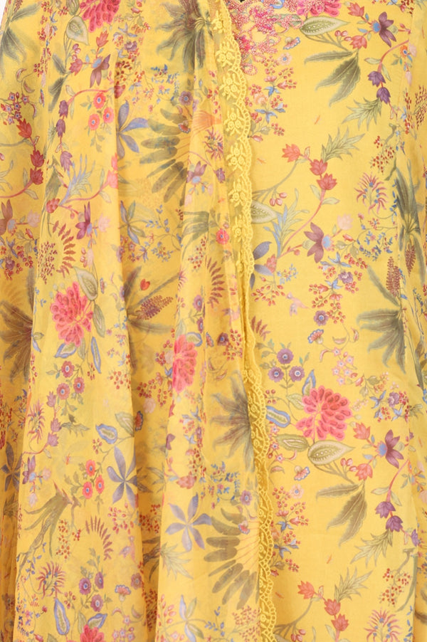 Yellow Floral Printed Organza Flared Kurta with Pants and Dupatta Set