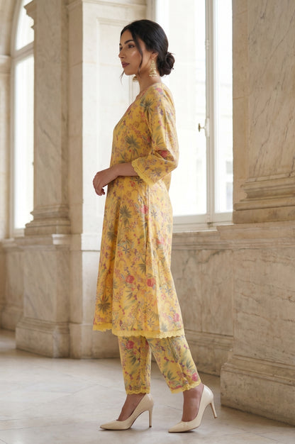 Yellow Floral Printed Organza Flared Kurta with Pants and Dupatta Set