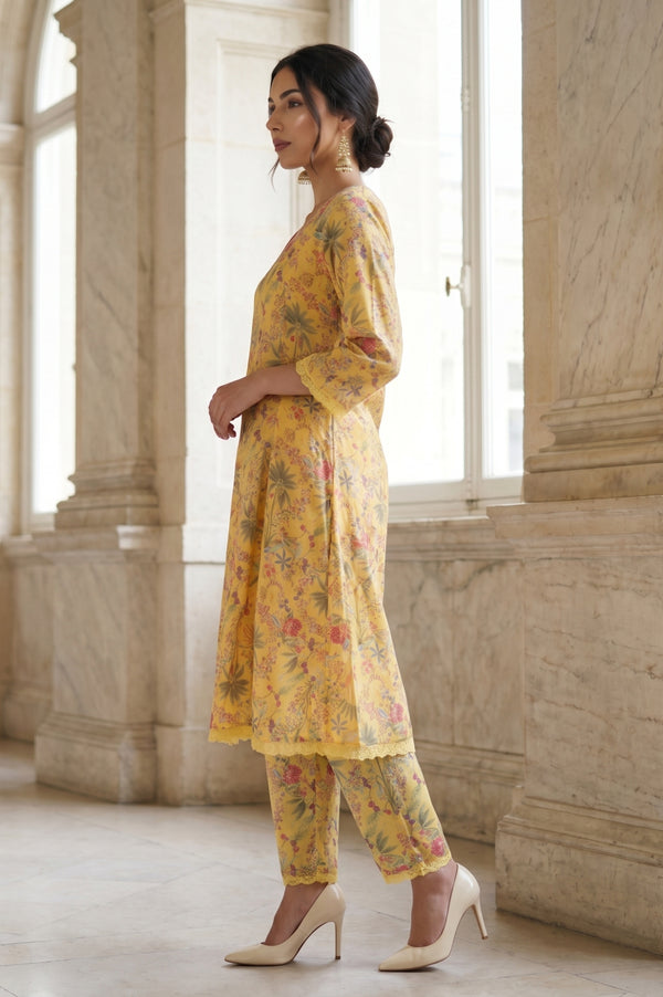 Yellow Floral Printed Organza Flared Kurta with Pants and Dupatta Set