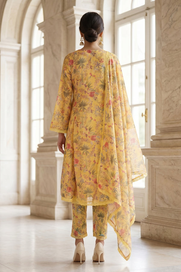 Yellow Floral Printed Organza Flared Kurta with Pants and Dupatta Set