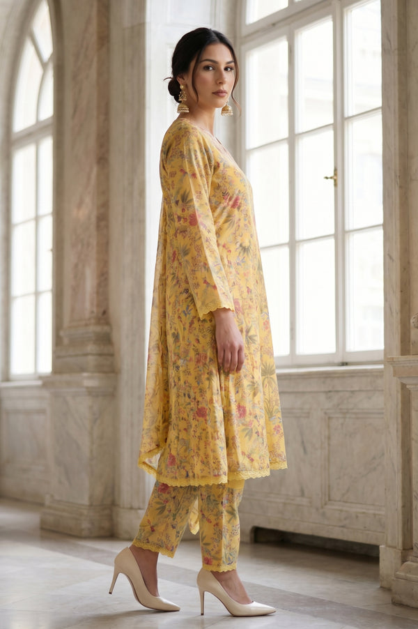 Yellow Floral Printed Organza Flared Kurta with Pants and Dupatta Set