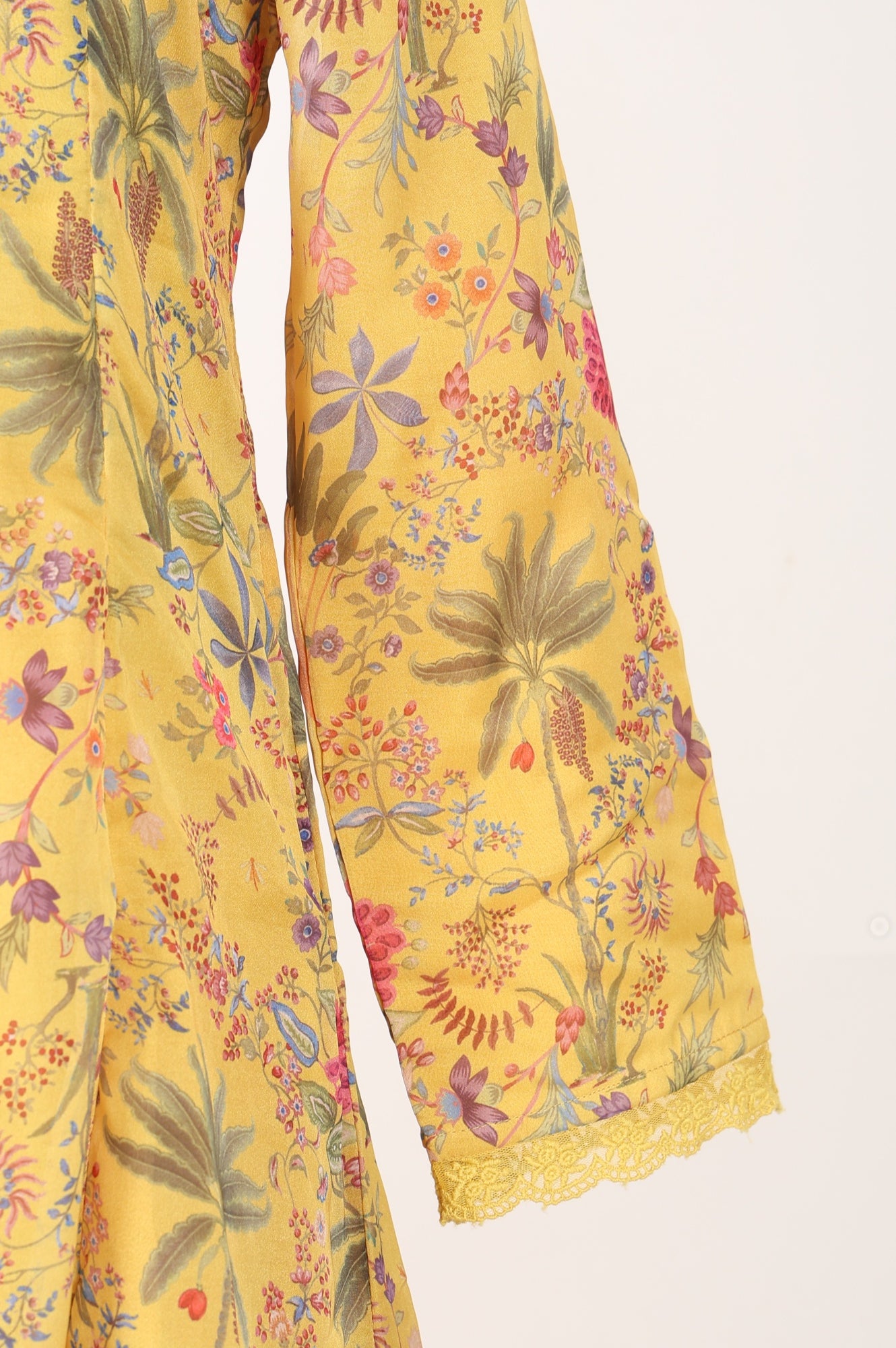 Yellow Floral Printed Organza Flared Kurta with Pants and Dupatta Set