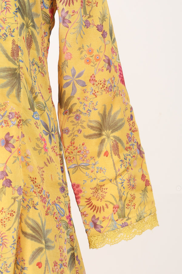 Yellow Floral Printed Organza Flared Kurta with Pants and Dupatta Set