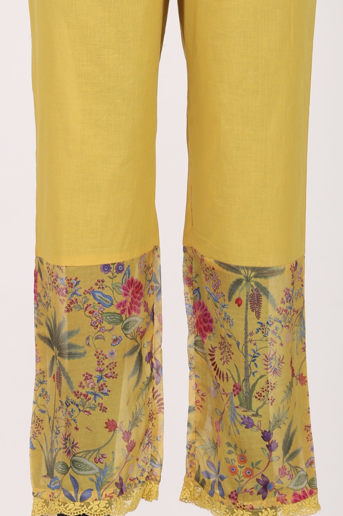 Yellow Floral Printed Organza Flared Kurta with Pants and Dupatta Set
