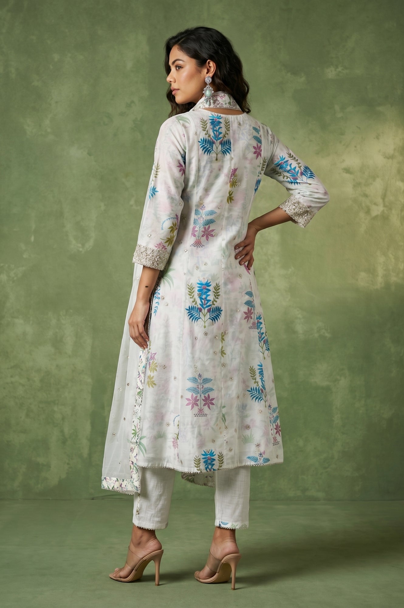 White Floral Printed Chanderi Angrakha Kurta with Pants and Dupatta Set