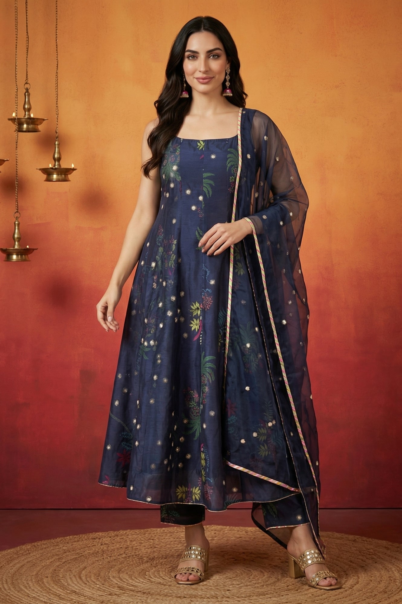 Navy Blue Floral Printed Chanderi Spaghetti Strap Flared Kurta with Straight Pants and Dupatta Set