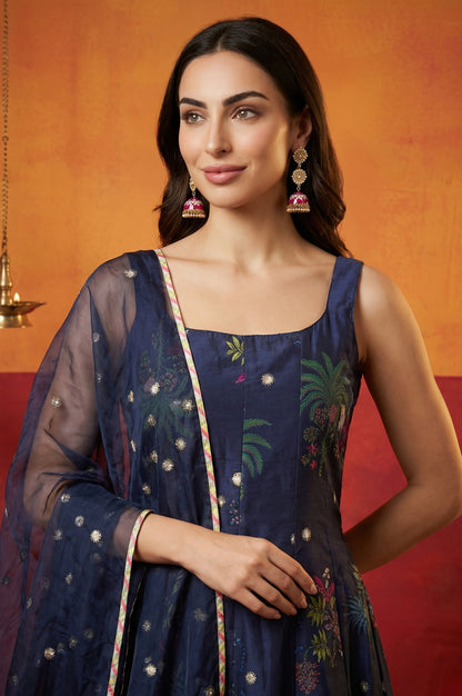 Navy Blue Floral Printed Chanderi Spaghetti Strap Flared Kurta with Straight Pants and Dupatta Set