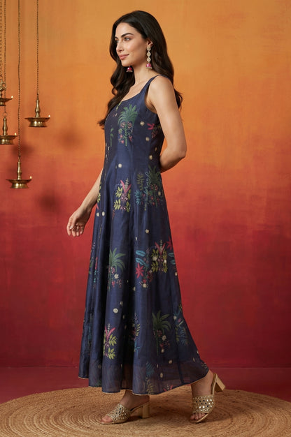 Navy Blue Floral Printed Chanderi Spaghetti Strap Flared Kurta with Straight Pants and Dupatta Set