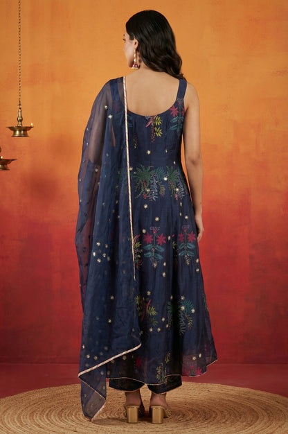 Navy Blue Floral Printed Chanderi Spaghetti Strap Flared Kurta with Straight Pants and Dupatta Set