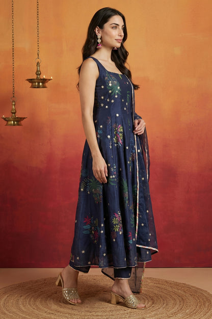 Navy Blue Floral Printed Chanderi Spaghetti Strap Flared Kurta with Straight Pants and Dupatta Set