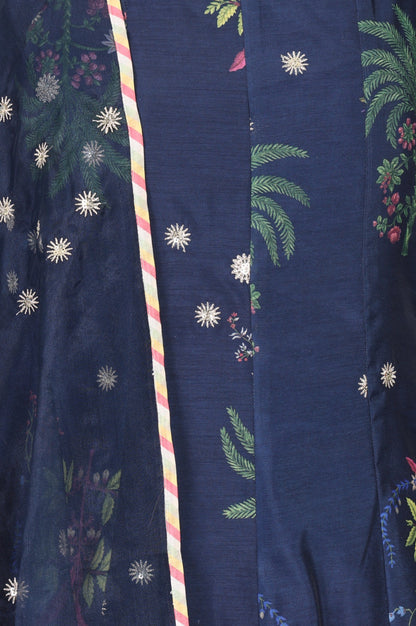 Navy Blue Floral Printed Chanderi Spaghetti Strap Flared Kurta with Straight Pants and Dupatta Set