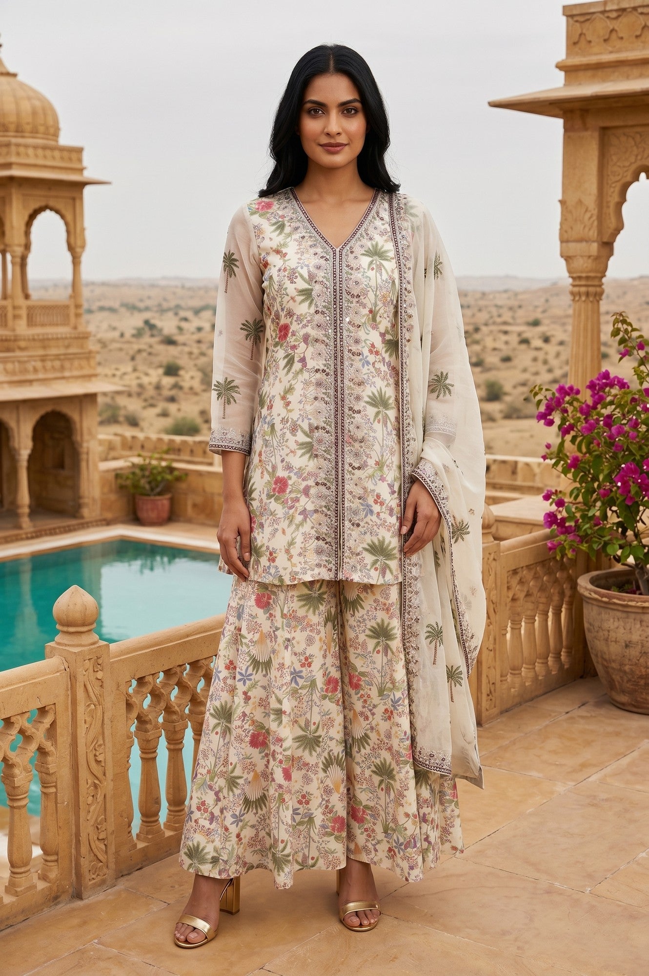 Off White Embellished Straight Georgette Kurta With Palazzo And Dupatta Set
