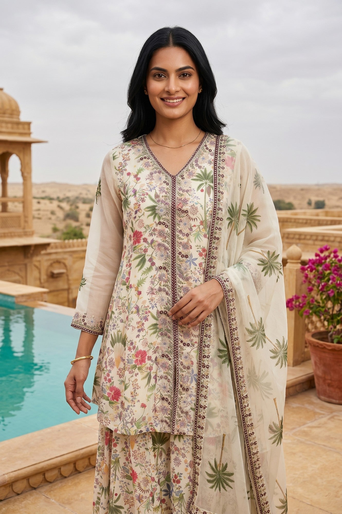 Off White Embellished Straight Georgette Kurta With Palazzo And Dupatta Set