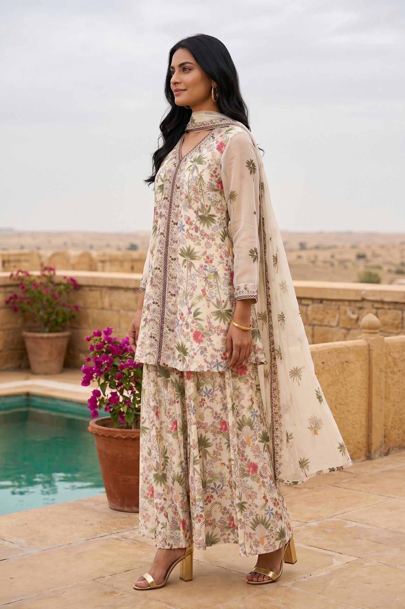 Off White Embellished Straight Georgette Kurta With Palazzo And Dupatta Set