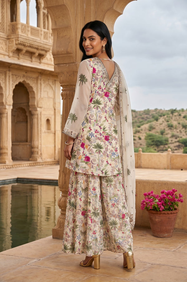 Off White Embellished Straight Georgette Kurta With Palazzo And Dupatta Set
