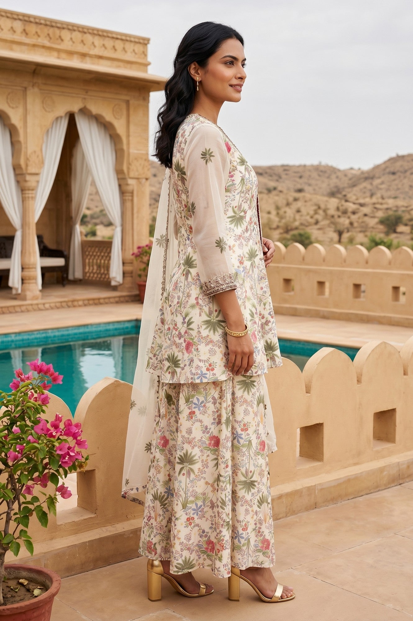 Off White Embellished Straight Georgette Kurta With Palazzo And Dupatta Set