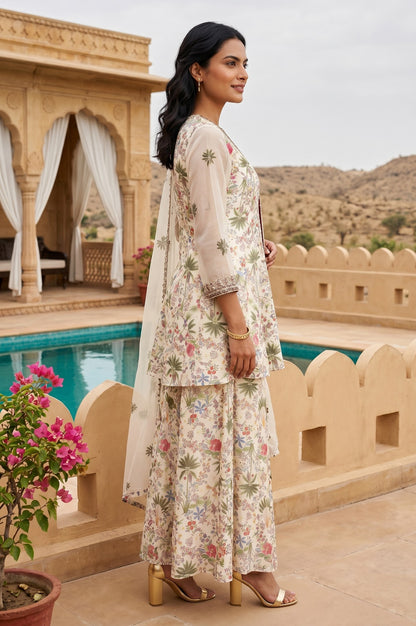 Off White Embellished Straight Georgette Kurta With Palazzo And Dupatta Set