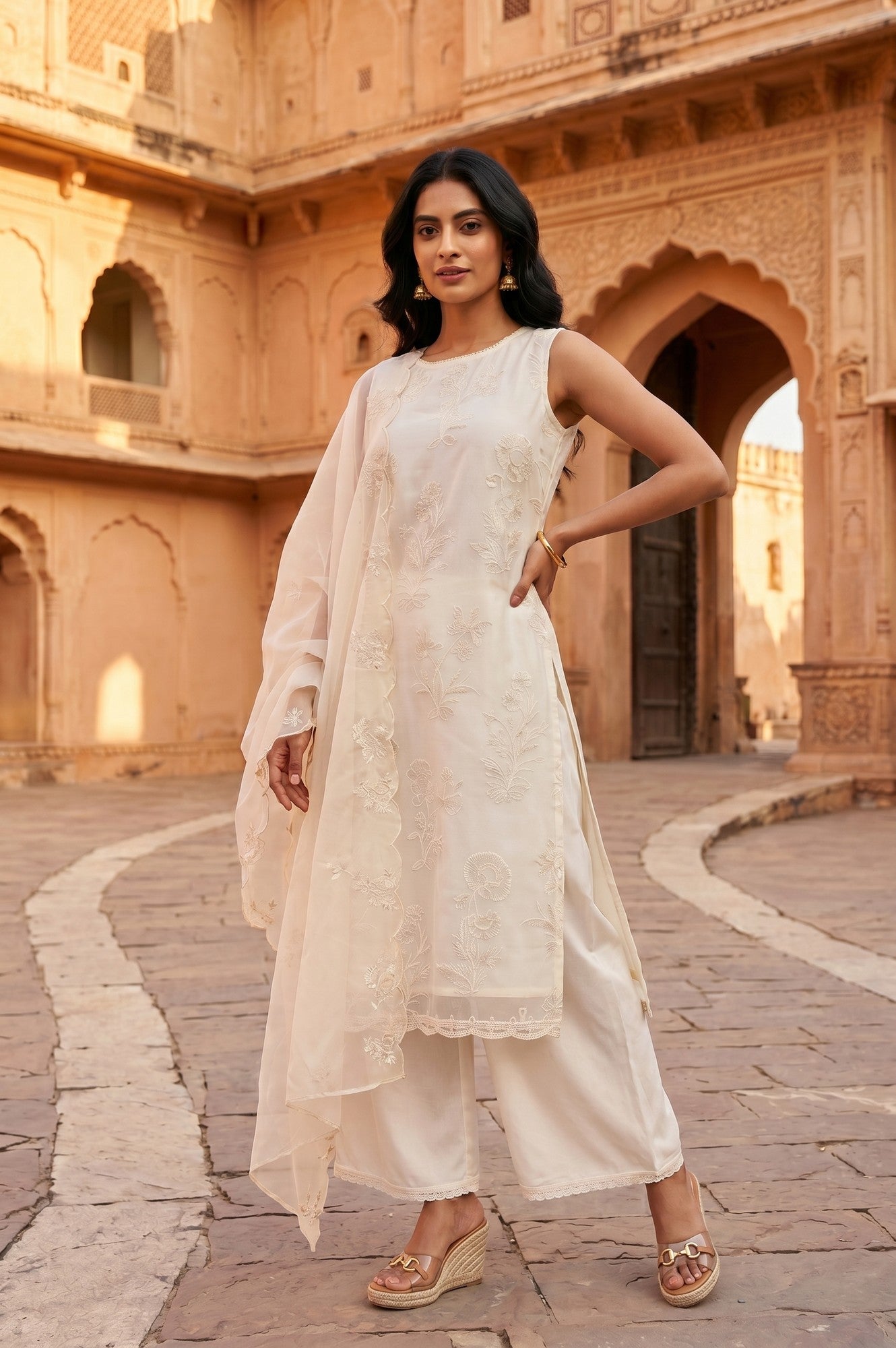 Off White Thread Embroidered Straight Kurta With Palazzo And Dupatta Set