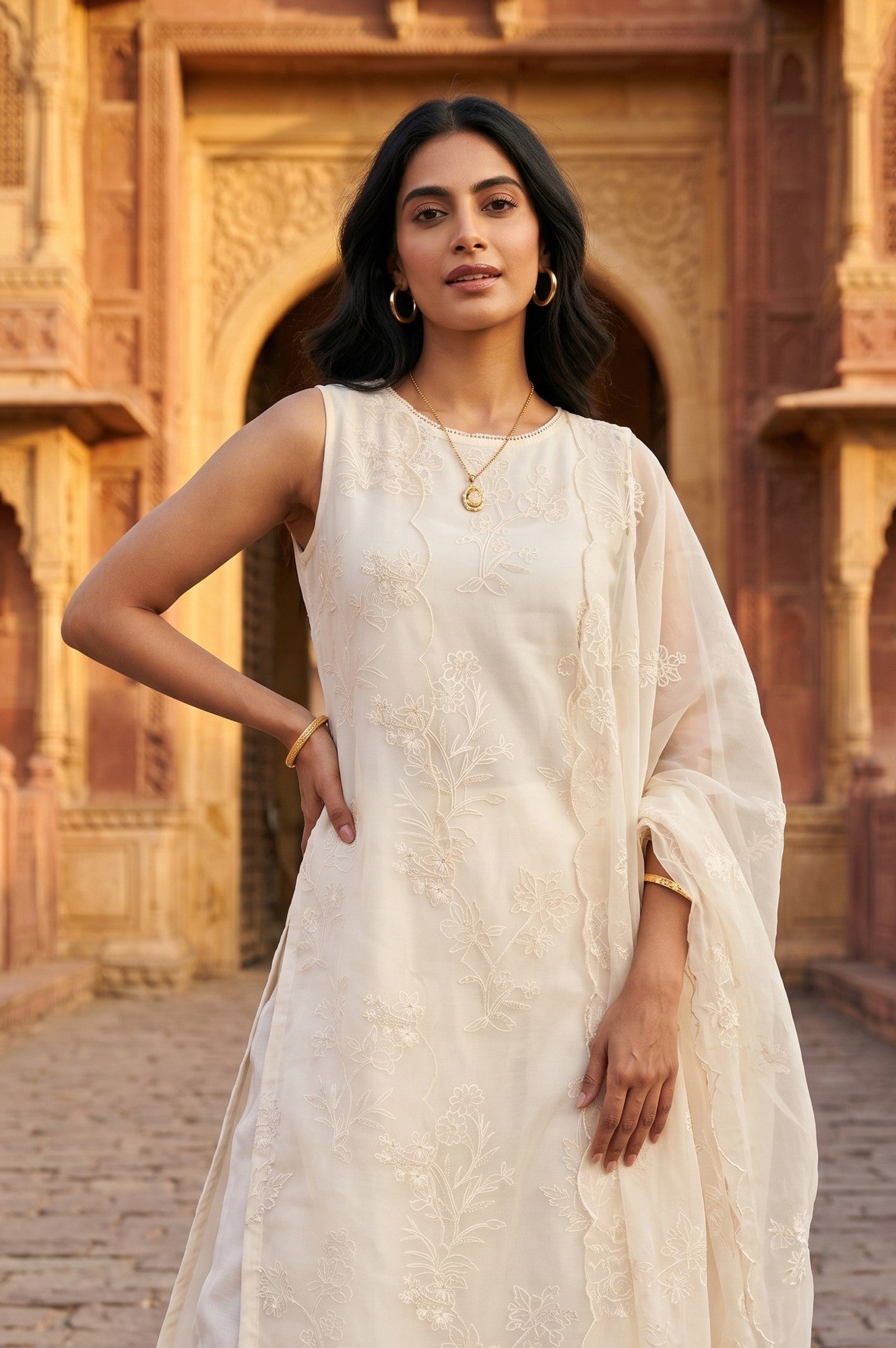 Off White Thread Embroidered Straight Kurta With Palazzo And Dupatta Set