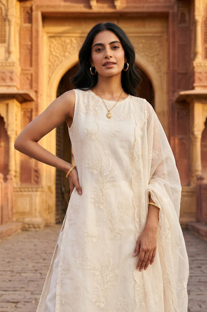 Off White Thread Embroidered Straight Kurta With Palazzo And Dupatta Set