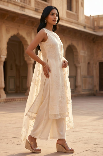 Off White Thread Embroidered Straight Kurta With Palazzo And Dupatta Set