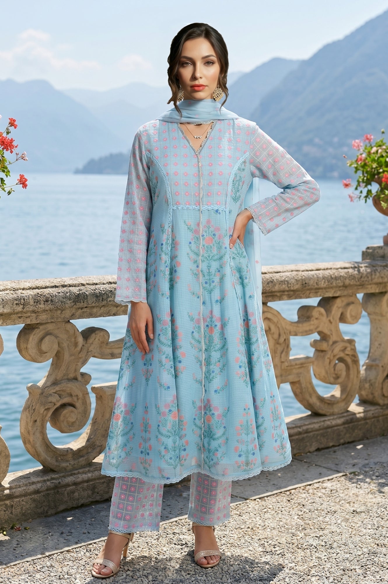 Turquoise Blue Floral Printed Lace Cotton Anarkali Kurta with Pants and Dupatta Set