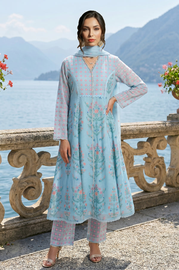 Turquoise Blue Floral Printed Lace Cotton Anarkali Kurta with Pants and Dupatta Set