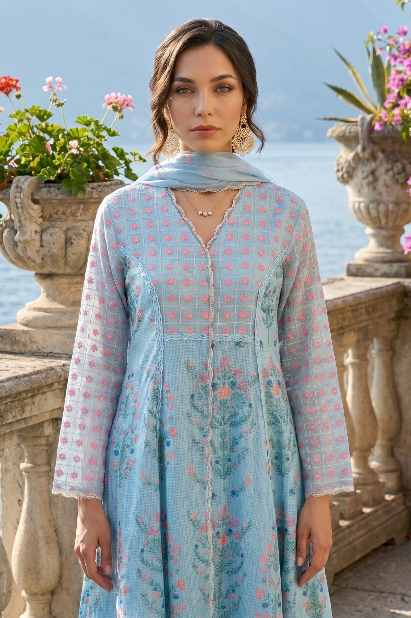 Turquoise Blue Floral Printed Lace Cotton Anarkali Kurta with Pants and Dupatta Set