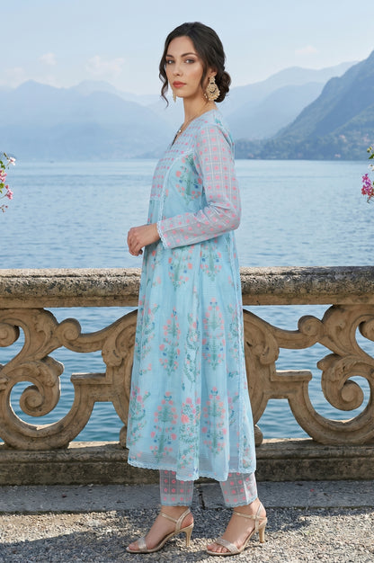 Turquoise Blue Floral Printed Lace Cotton Anarkali Kurta with Pants and Dupatta Set