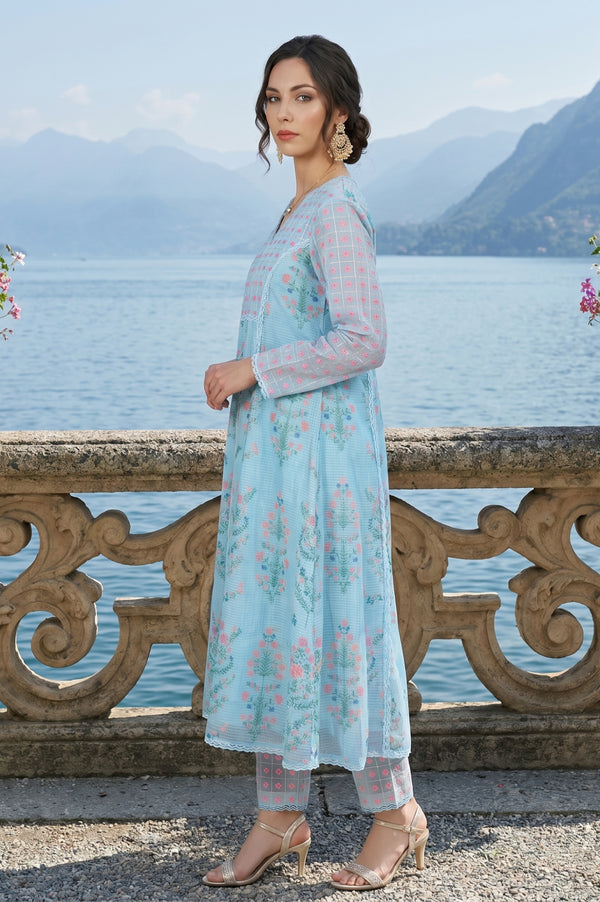 Turquoise Blue Floral Printed Lace Cotton Anarkali Kurta with Pants and Dupatta Set