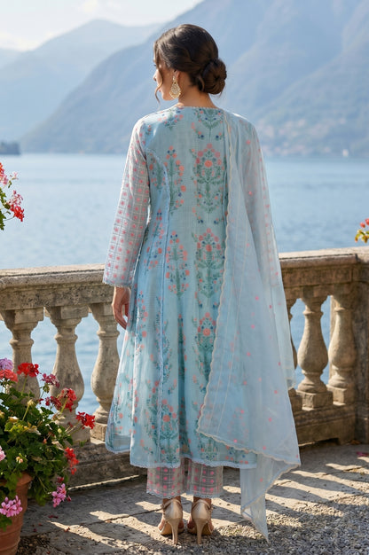 Turquoise Blue Floral Printed Lace Cotton Anarkali Kurta with Pants and Dupatta Set