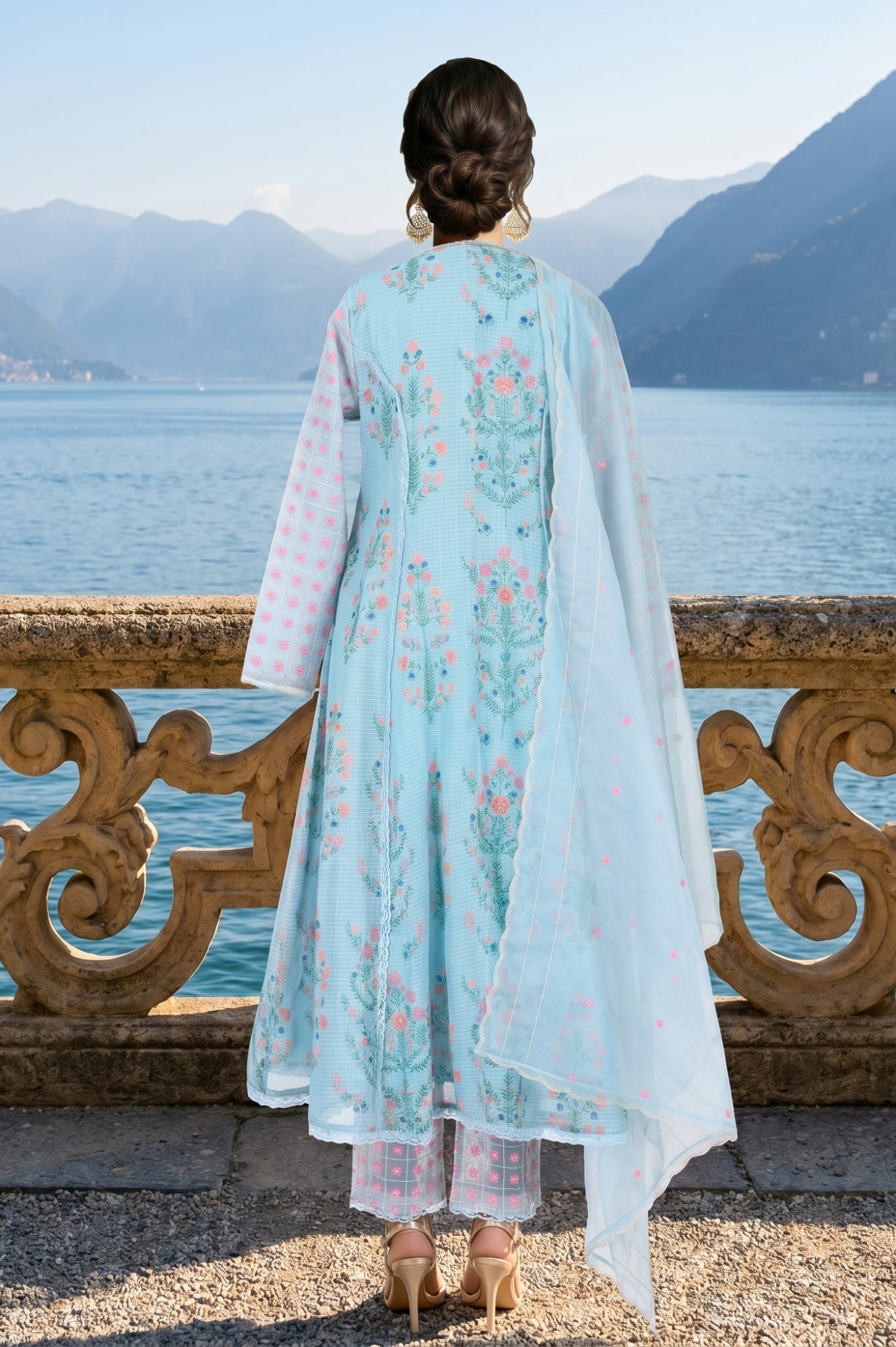 Turquoise Blue Floral Printed Lace Cotton Anarkali Kurta with Pants and Dupatta Set