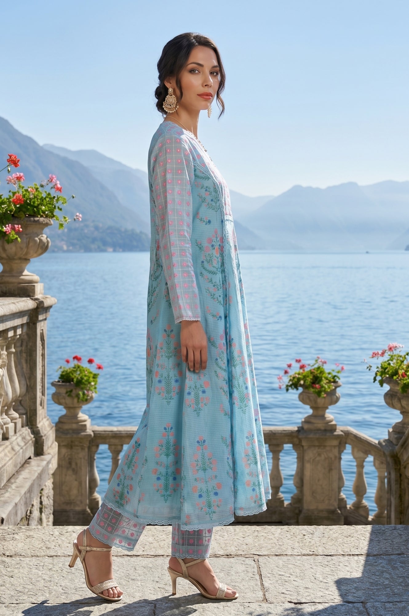 Turquoise Blue Floral Printed Lace Cotton Anarkali Kurta with Pants and Dupatta Set